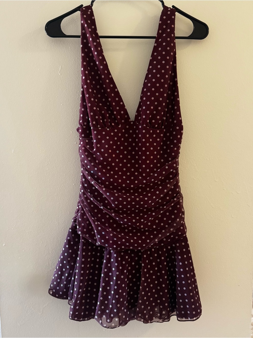 Polka Dot Deep V-Neck Burgundy Mini Dress